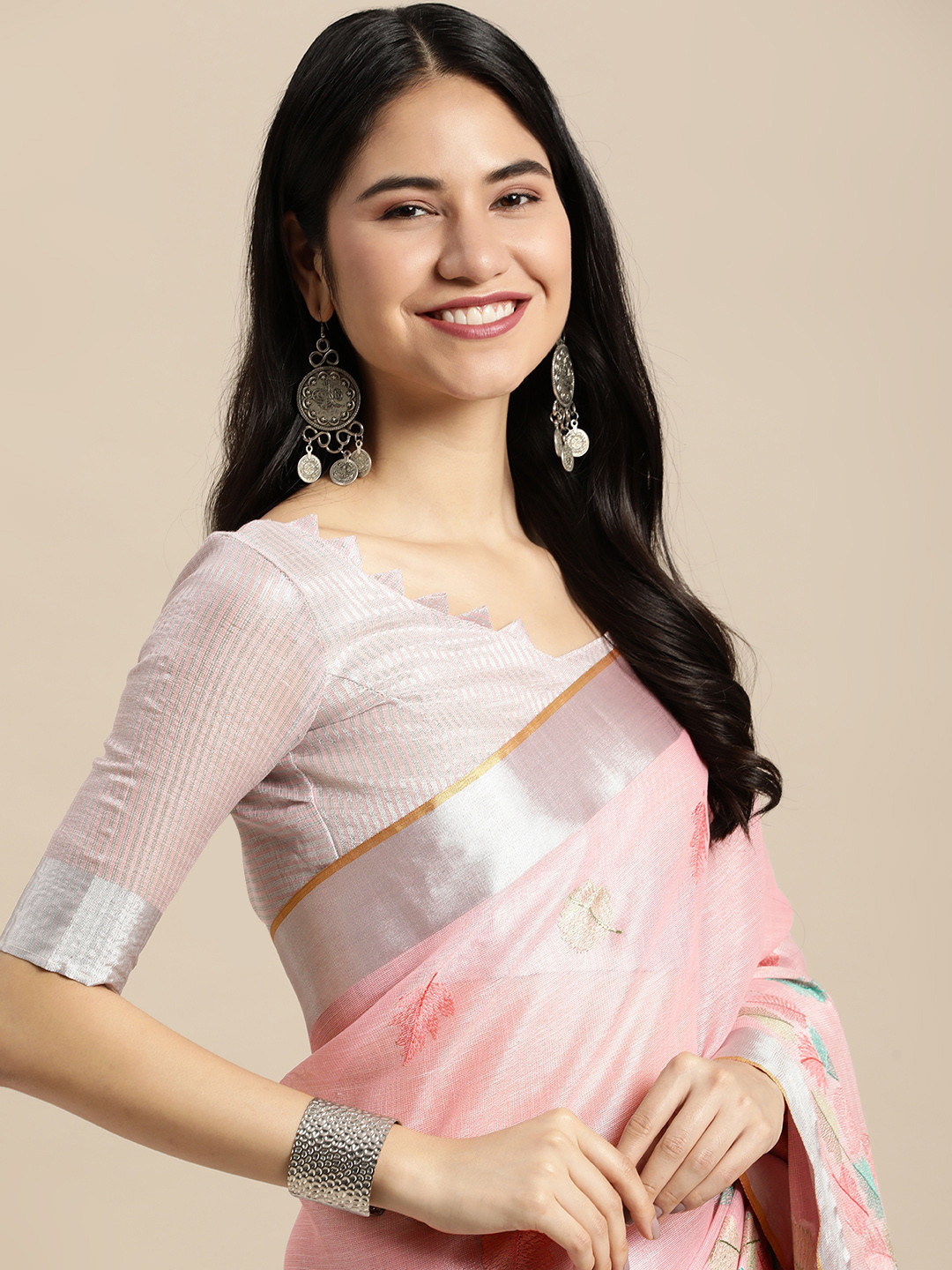 

SANGAM PRINTS Pink & Blue Leaf Woven Design Saree
