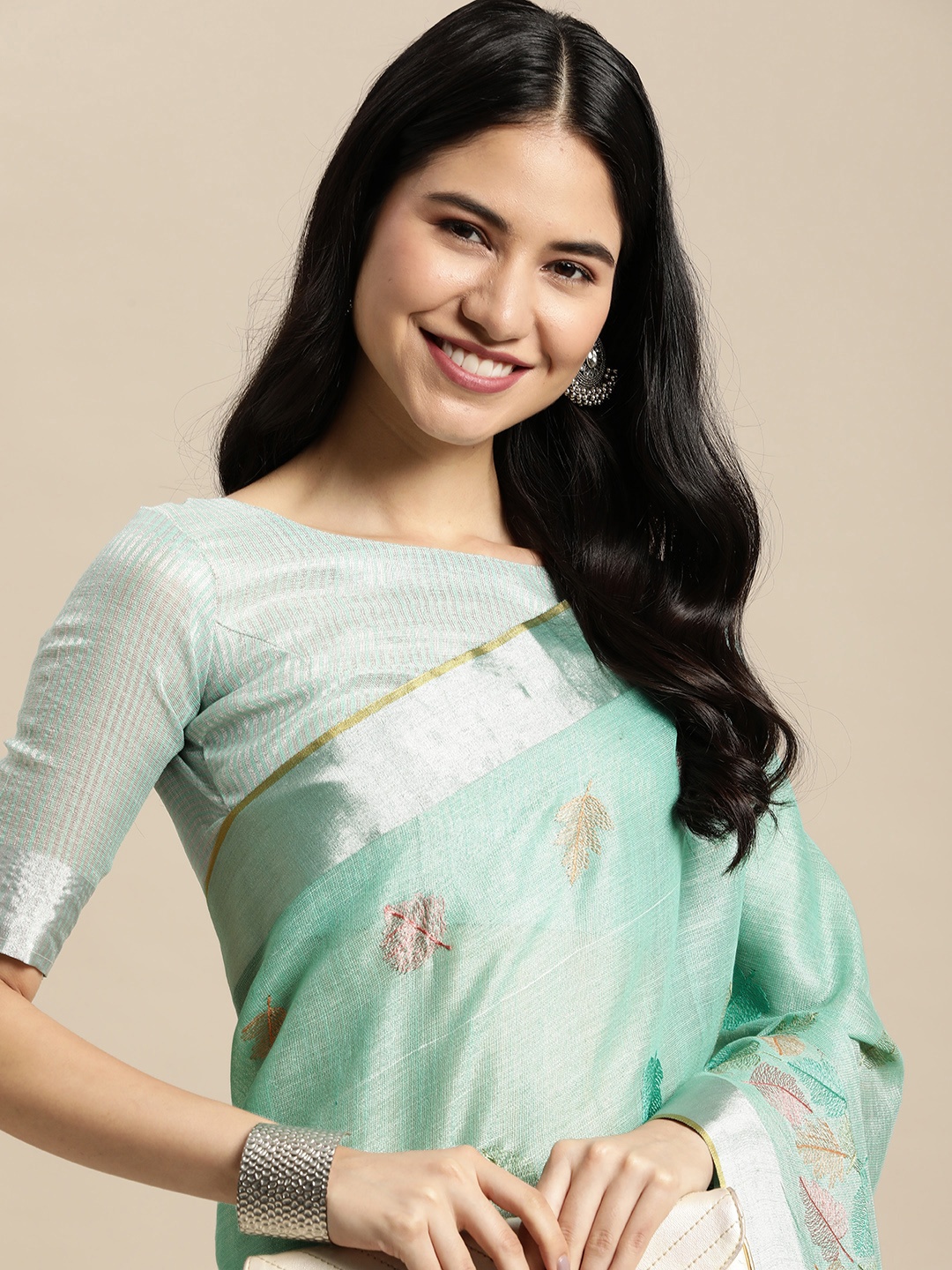 

SANGAM PRINTS Sea Green Leaf Woven Design Saree
