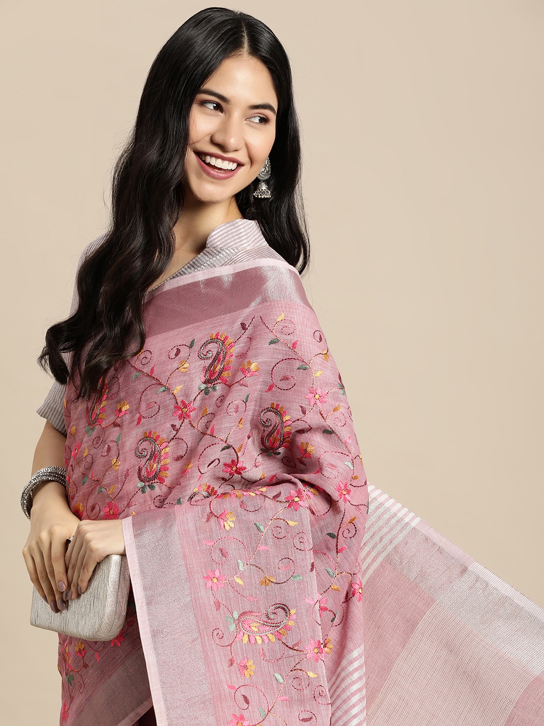 

SANGAM PRINTS Mauve Floral Woven Design Linen Blend Saree