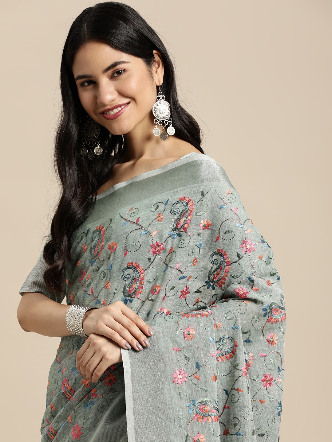 

SANGAM PRINTS Sage Green Floral Woven Design Linen Blend Saree, Sea green