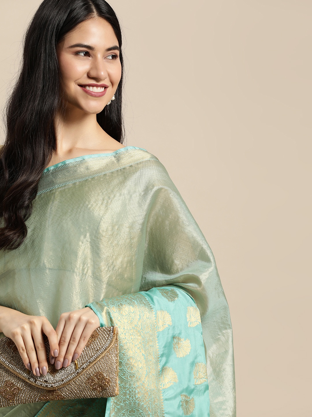 

SANGAM PRINTS Sea Green & Gold Ethnic Motifs Woven Design Celebrity Organza Saree