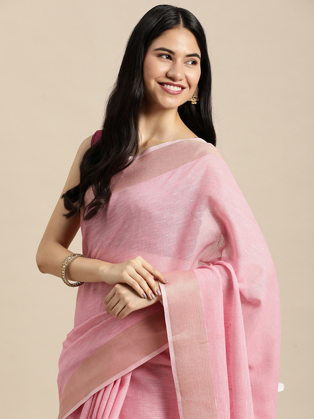 

SANGAM PRINTS Pink Solid Linen Blend Saree