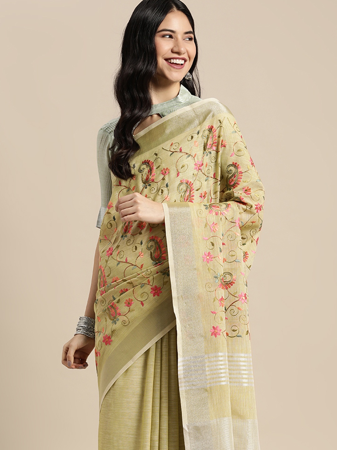 

SANGAM PRINTS Yellow Floral Woven Design Linen Blend Saree