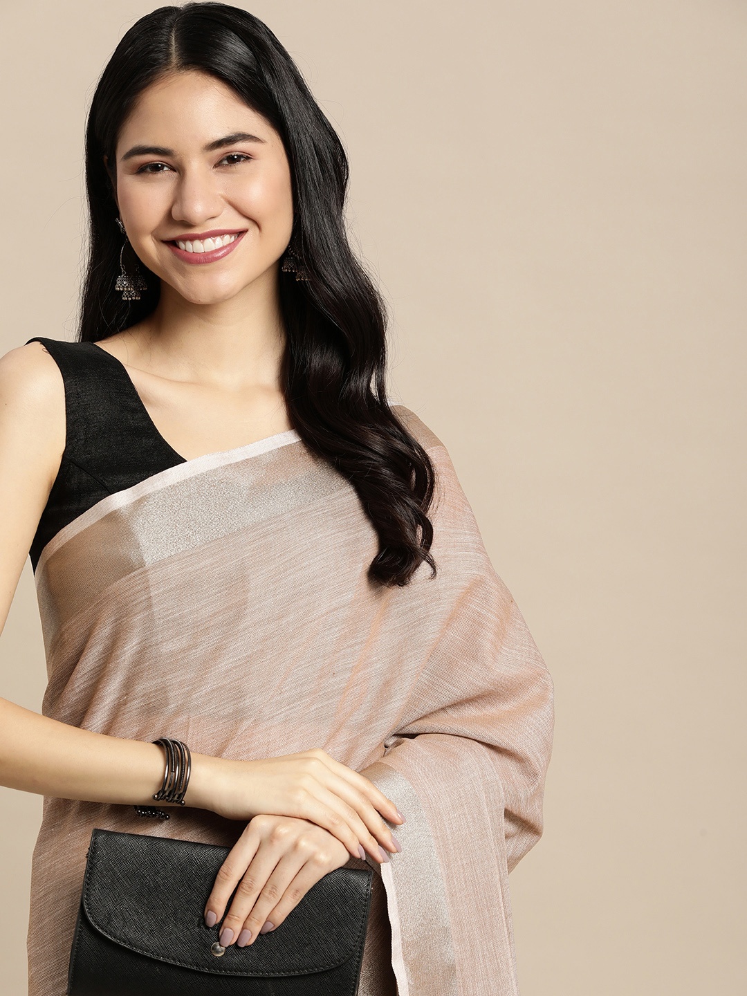 

SANGAM PRINTS Brown Solid Linen Blend Saree