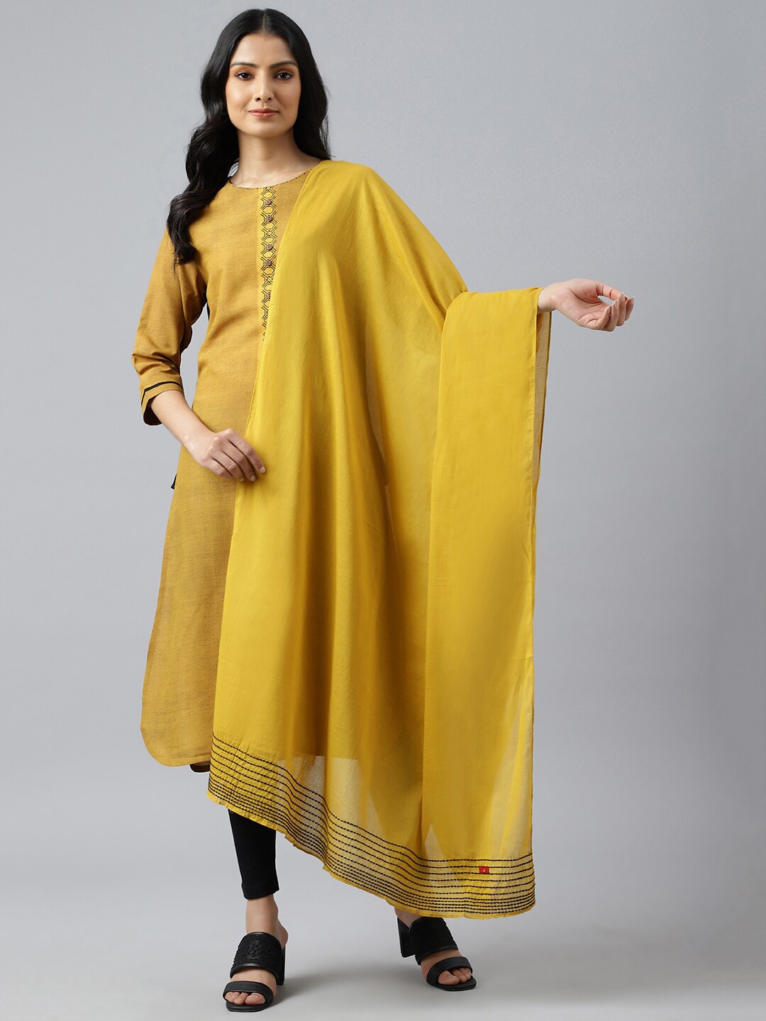 

W Women Dark Yellow Cotton Dupatta with Pinfold Border