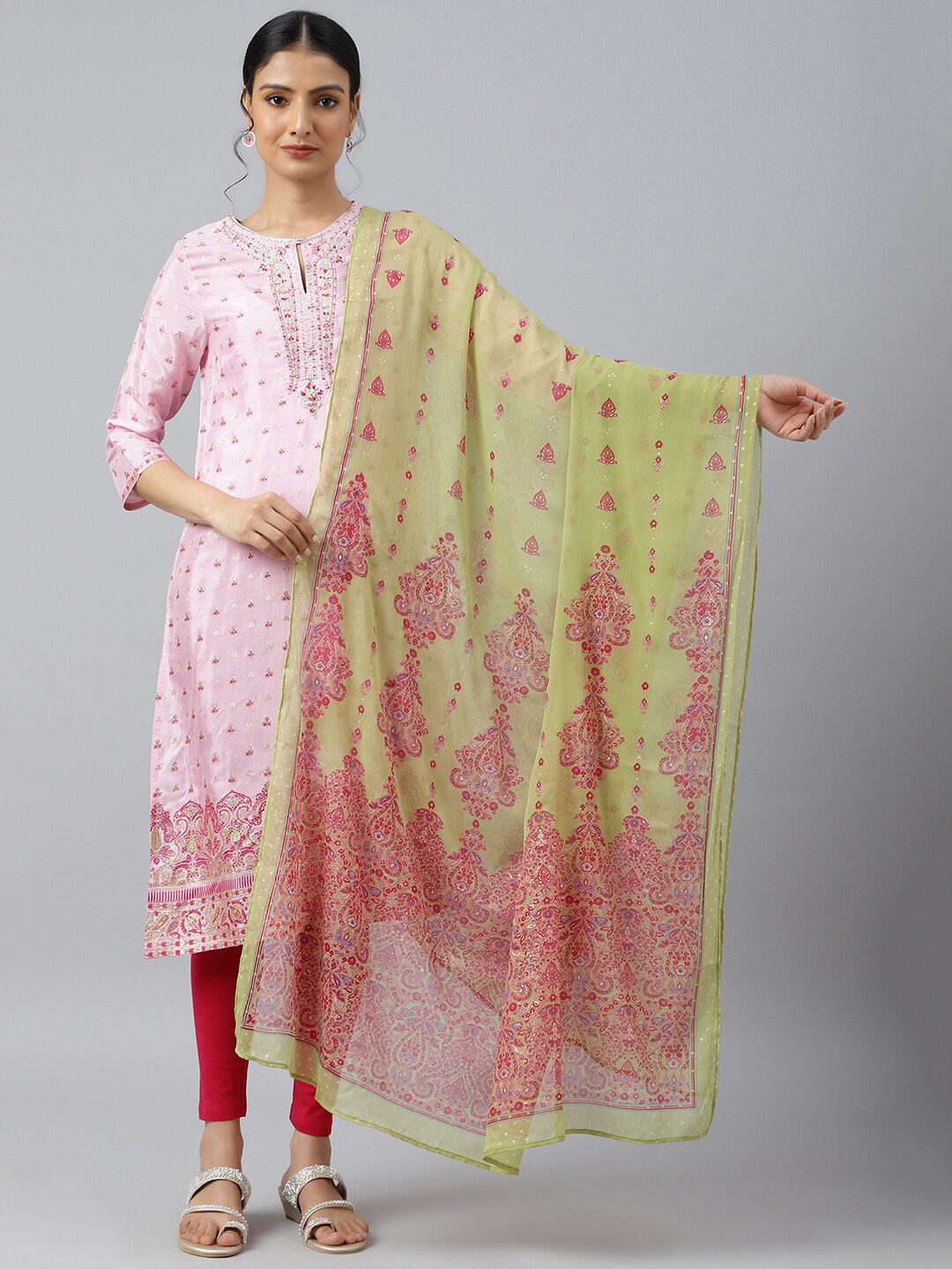 

W Green & Red Embroidered Dupatta