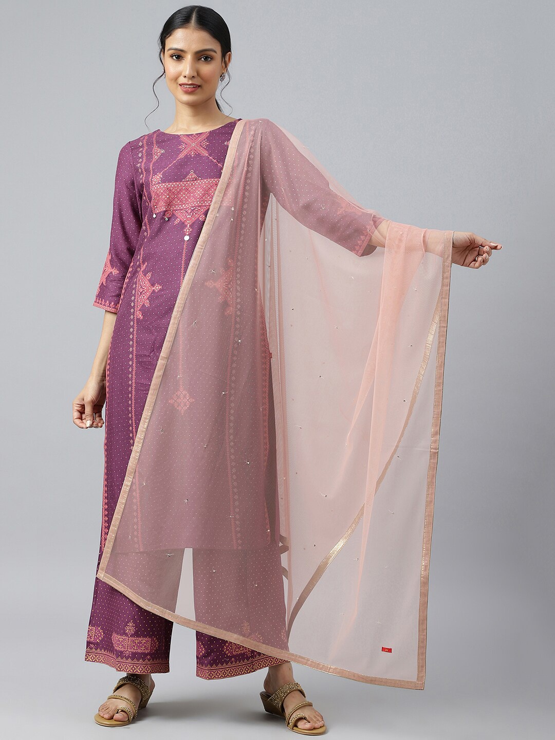 

W Pink & Gold-Toned Dupatta with Sequinned