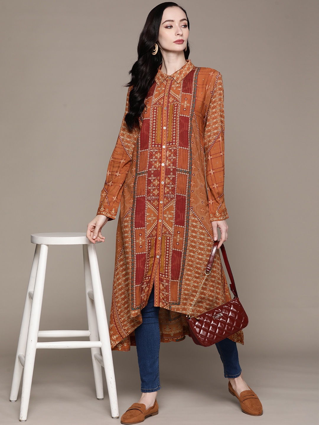 

aarke Ritu Kumar Ethnic Motifs Printed Asymmetric A-Line Kurta, Orange