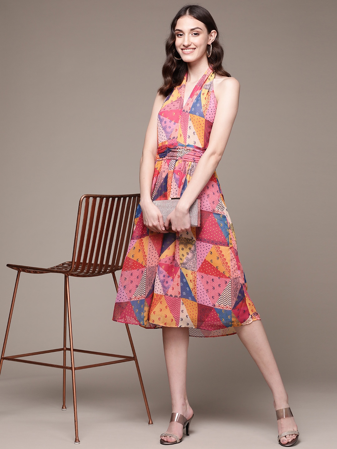 

aarke Ritu Kumar Pink & Multicoloured Halter Neck Georgette A-Line Midi Dress
