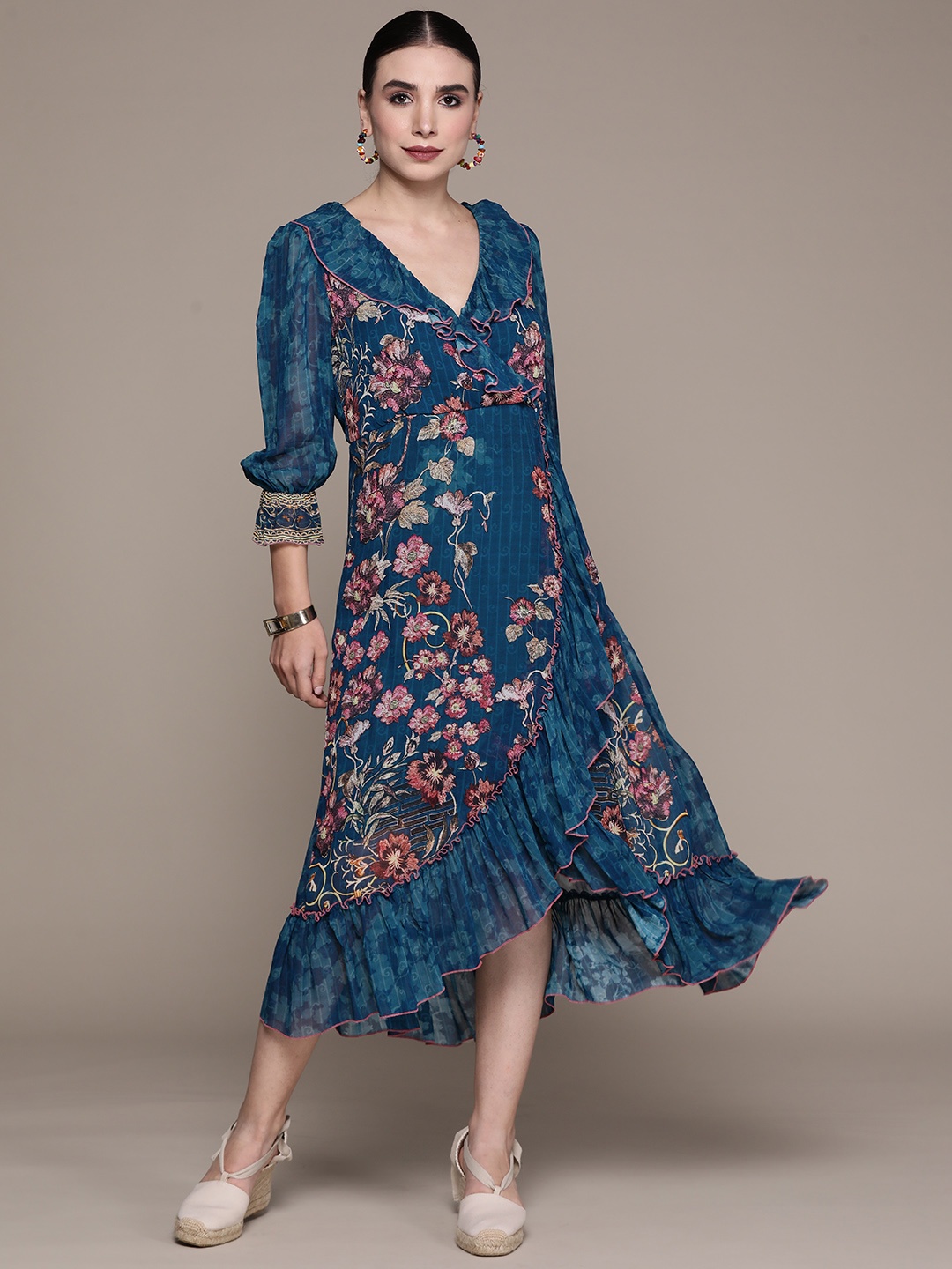 

aarke Ritu Kumar Navy Blue & Pink Floral Georgette Midi Dress