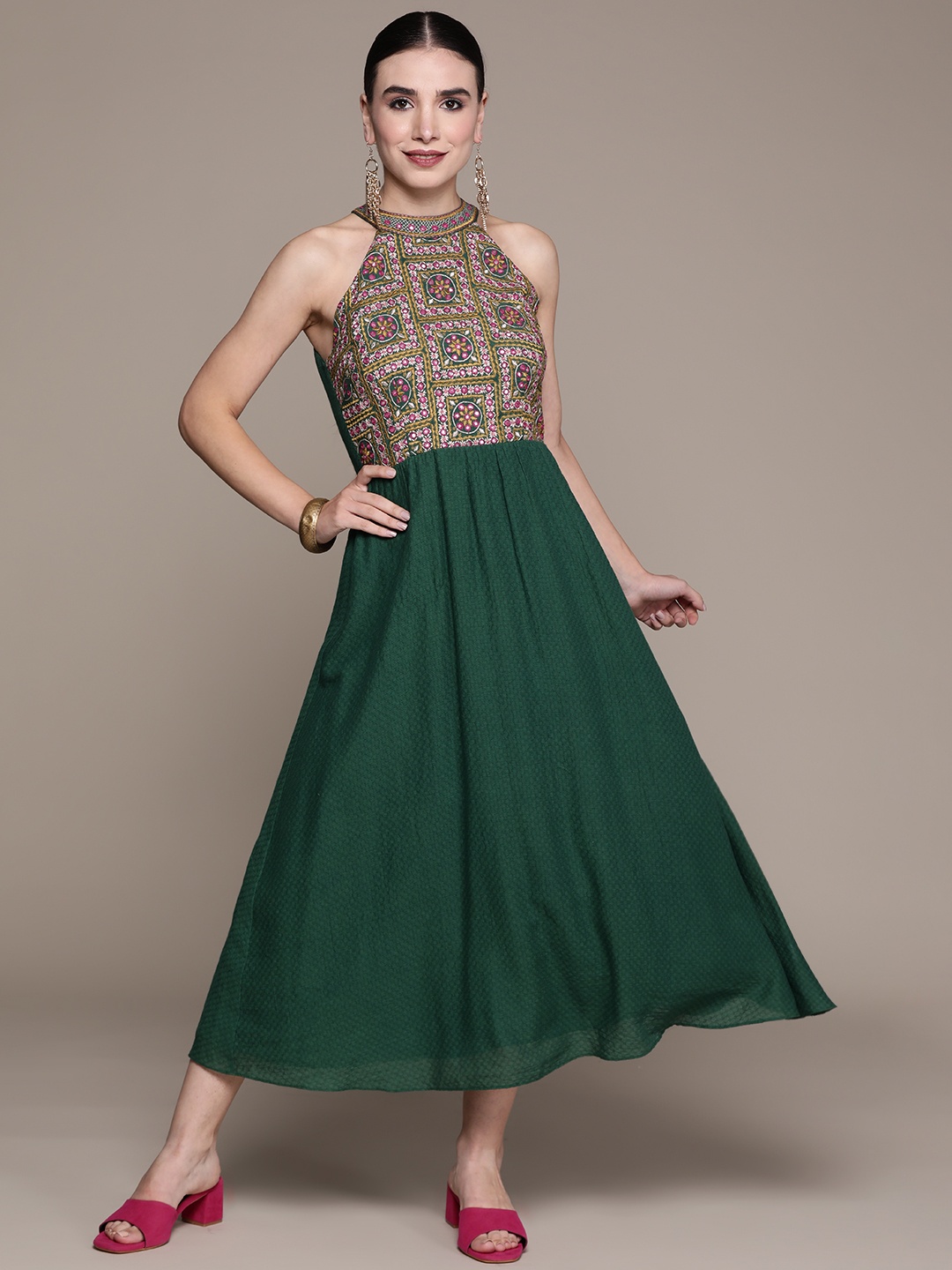 

aarke Ritu Kumar Green & Mustard Yellow Embroidered A-Line Midi Dress