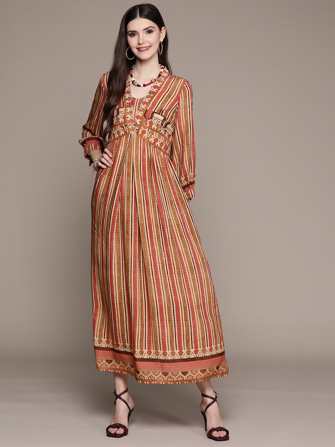 

aarke Ritu Kumar Brown & Pink Striped Maxi Ethnic Dress
