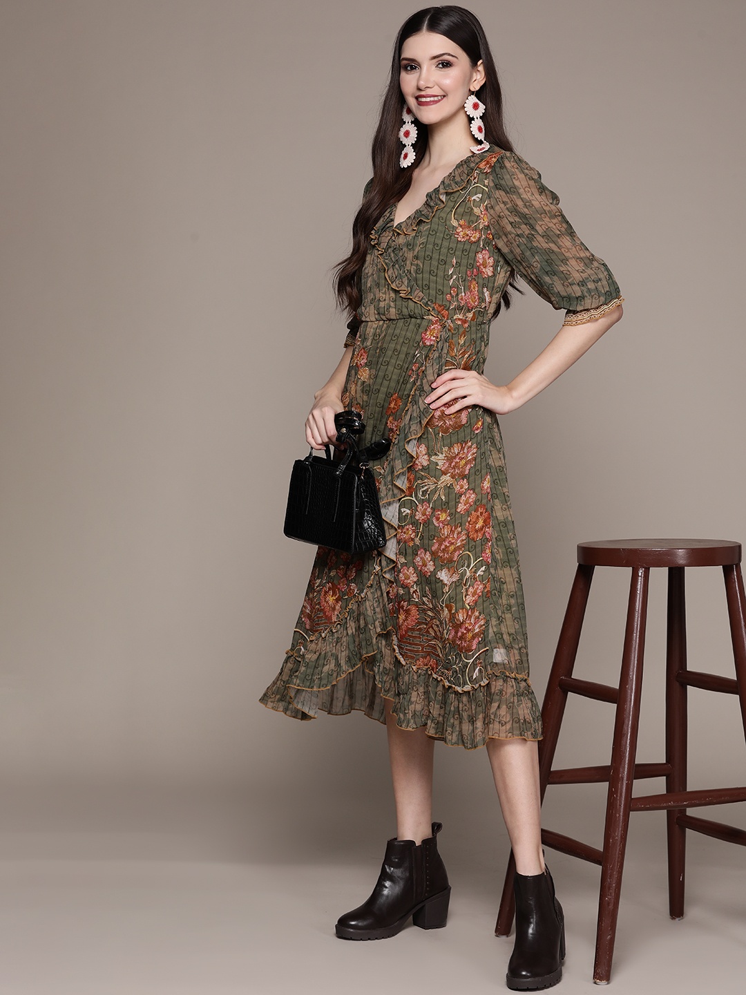 

aarke Ritu Kumar Green & Rust Orange Floral Print Wrap Dress