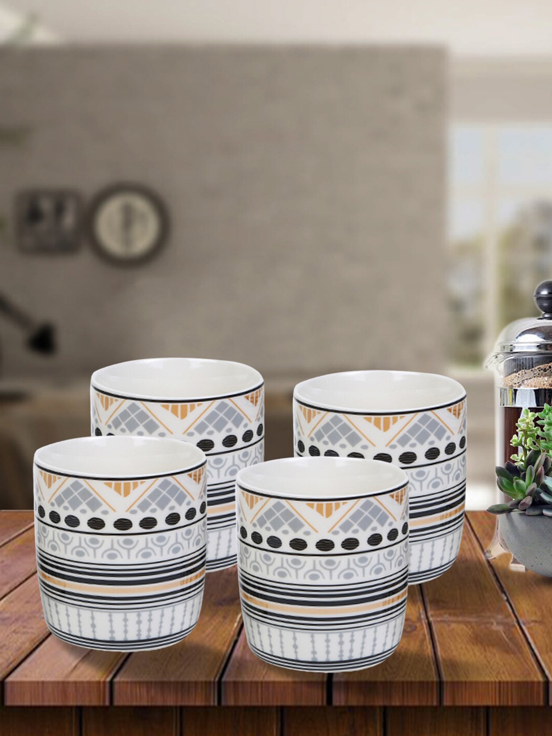 

House Of Accessories White & Black Geometric Printed Ceramic Glossy Mugs Set of Cups and Mugs