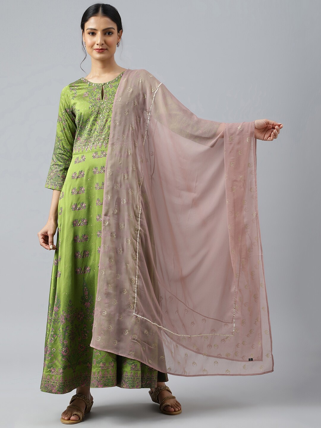 

WISHFUL Pink & Green Ethnic Motifs Embroidered Dupatta