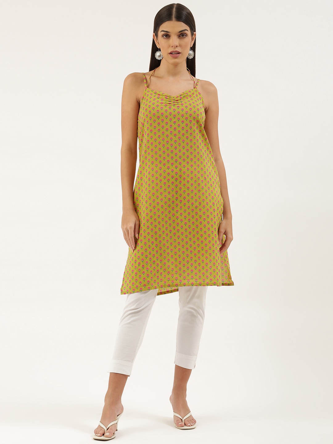 

FABRIC FITOOR Women Mustard Yellow & Pink Ethnic Motifs Printed Cotton Kurta