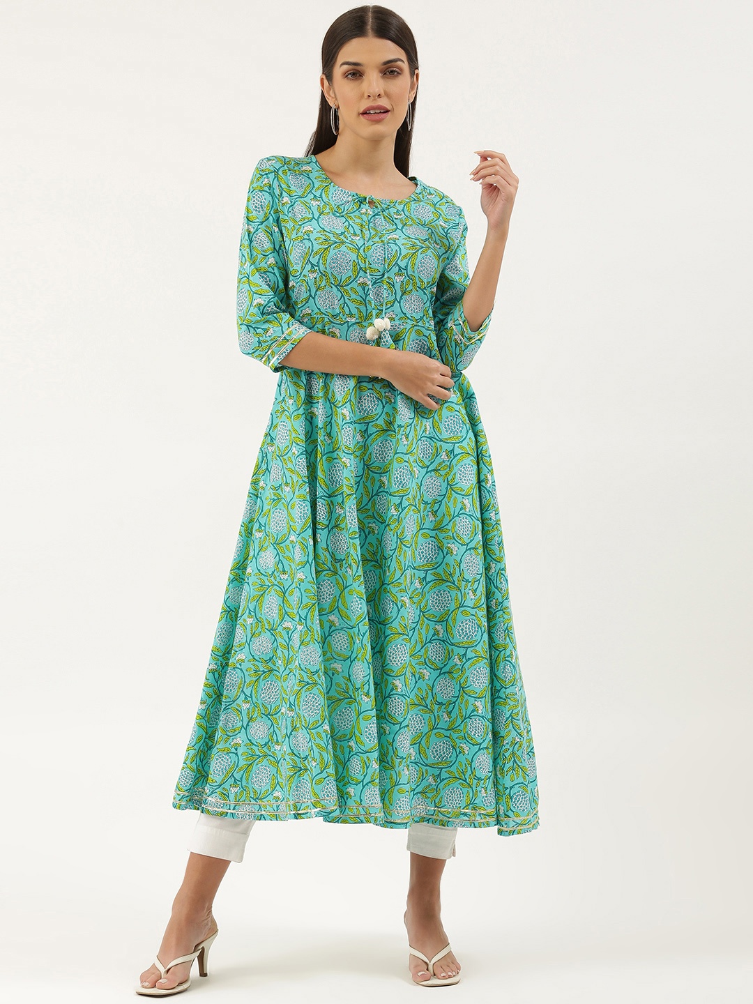 

FABRIC FITOOR Women Green & Blue Ethnic Motifs Printed Pure Cotton Anarkali Kurta