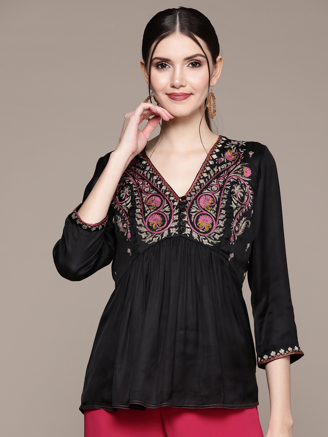 

aarke Ritu Kumar Black Embroidered Satin Top