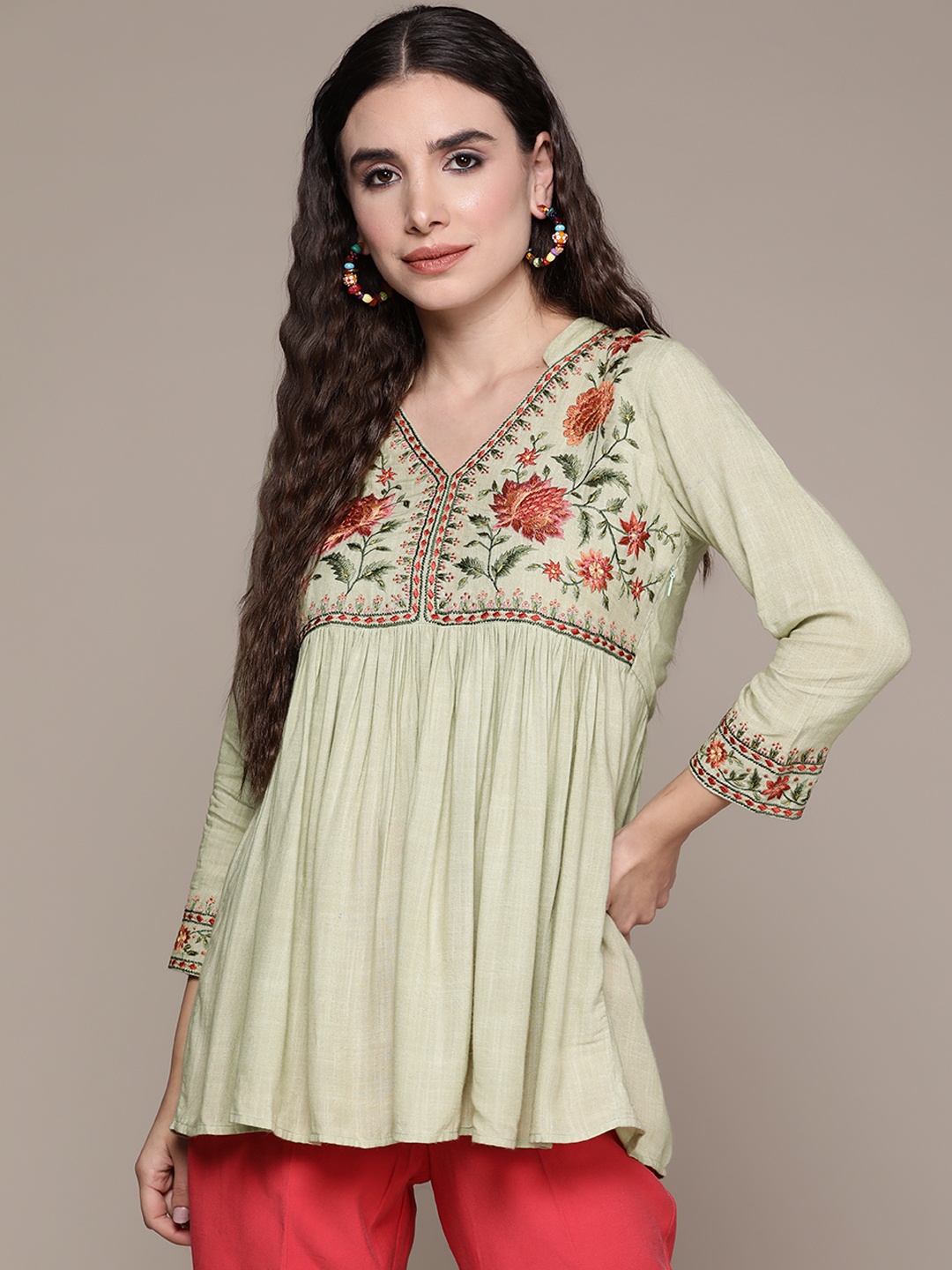 

aarke Ritu Kumar Mint Green Floral Embroidered A-Line Top