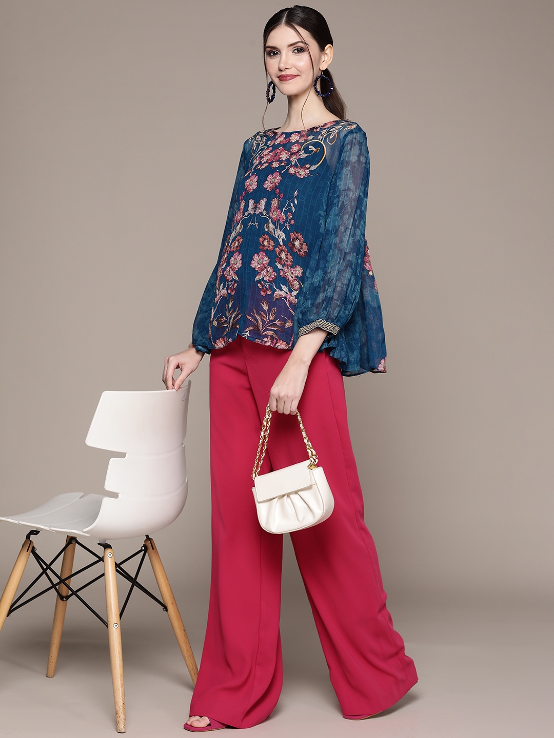 

aarke Ritu Kumar Navy Blue Floral Print Georgette Top with Camisole