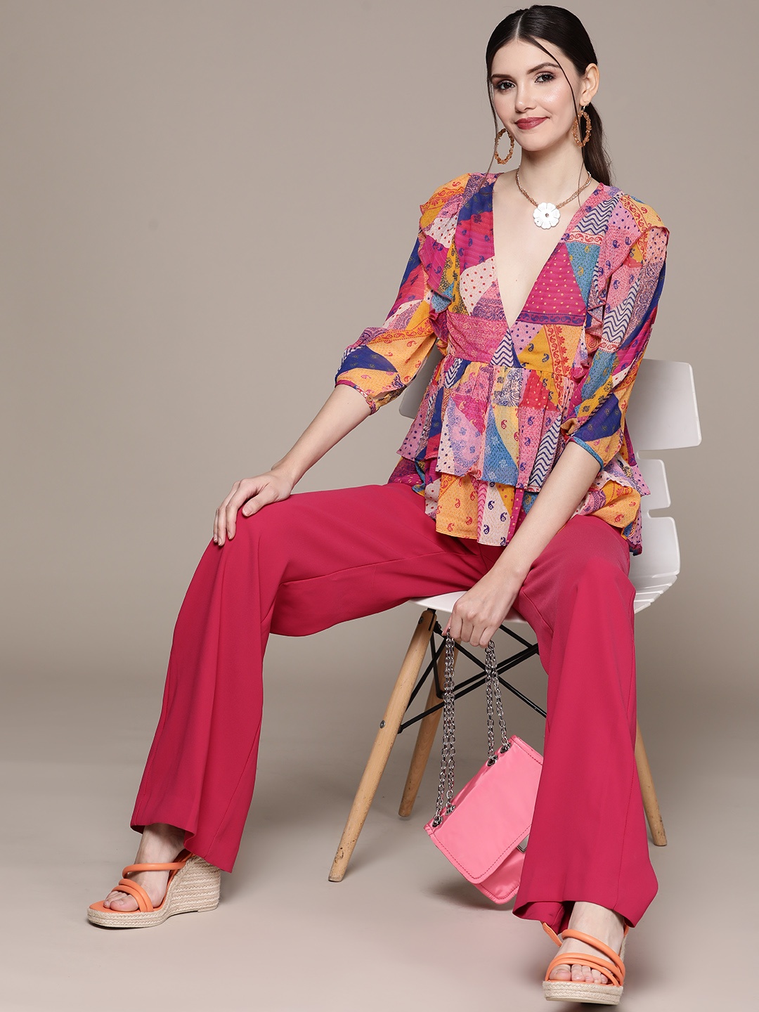 

aarke Ritu Kumar Pink & Navy Blue Print Georgette Top