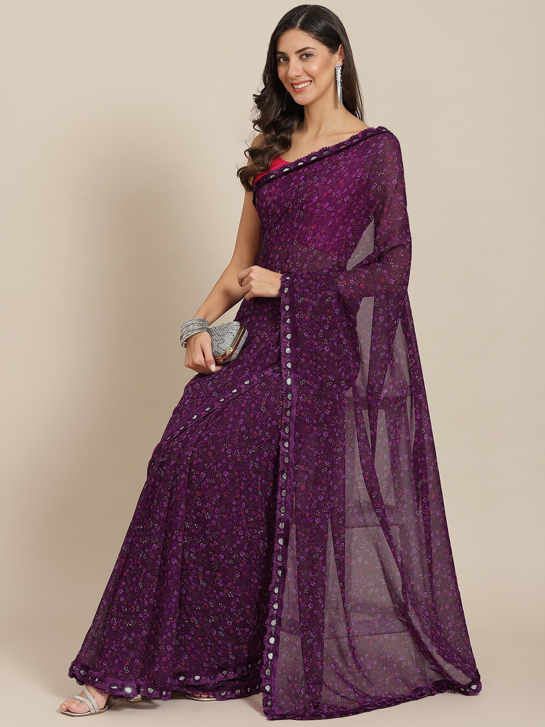 

Tikhi Imli Burgundy Floral Mirror Work Saree