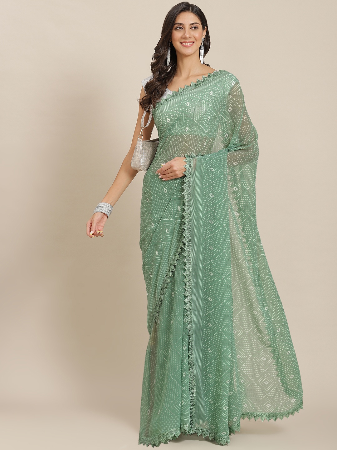 

Tikhi Imli Green Batik Saree with Chikankari lace