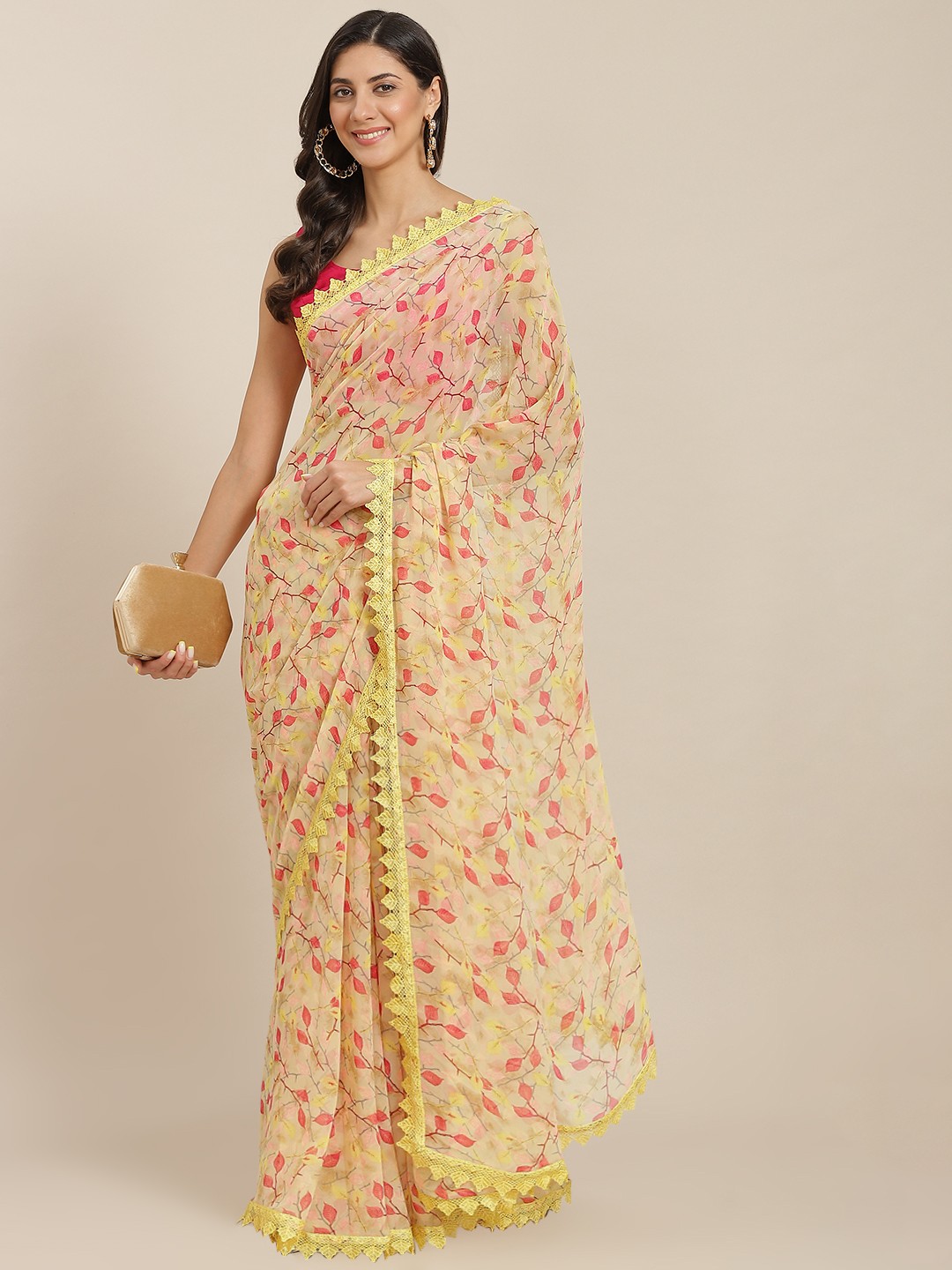 

Tikhi Imli Yellow & Pink Floral Saree with Chikankari lace