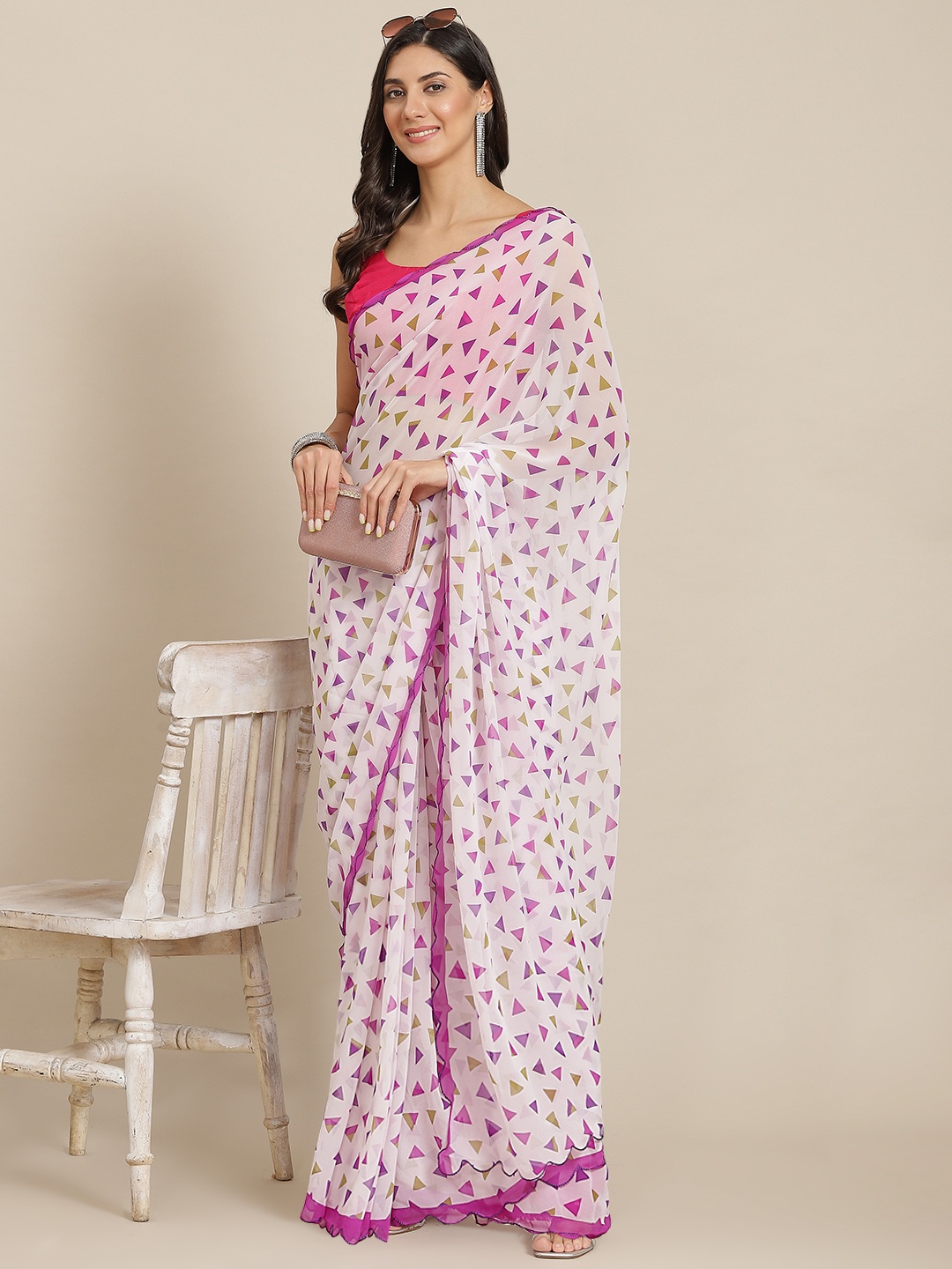 

Tikhi Imli White & Purple Geometric Print Scalloped Border Saree