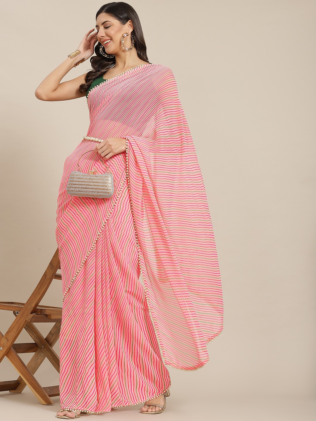 

Tikhi Imli Pink & Green Leheriya Print Saree