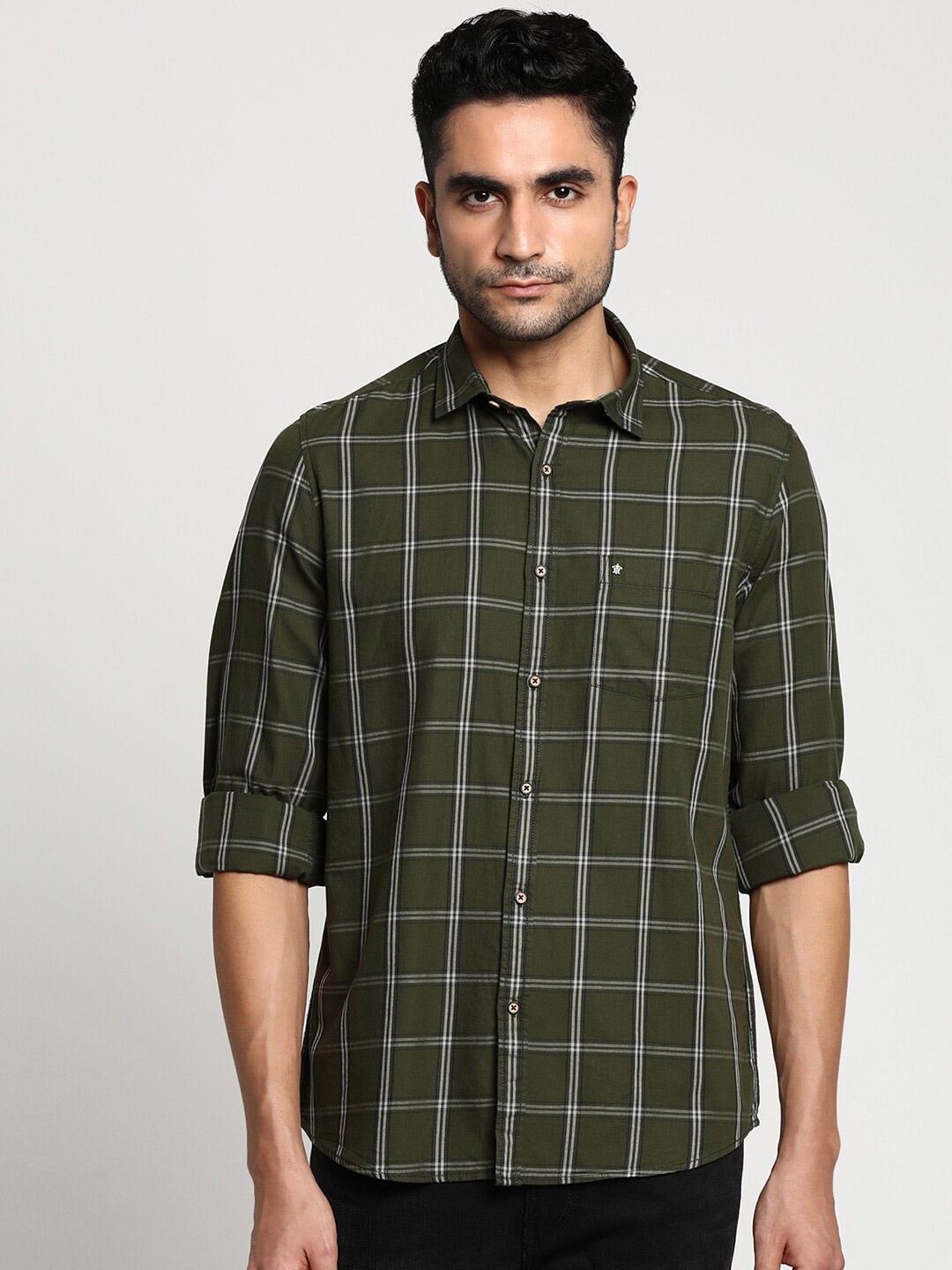 

Turtle Men Olive Green Slim Fit Checked Cotton Casual Shirt