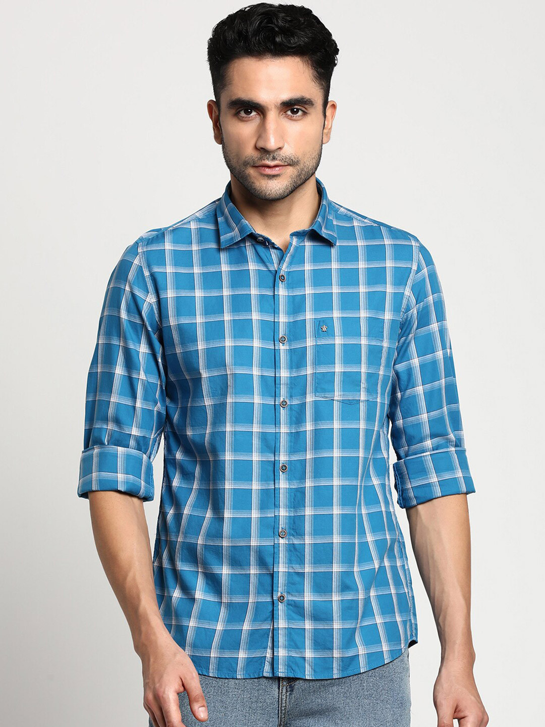 

Turtle Men Blue Slim Fit Checked Casual Shirt