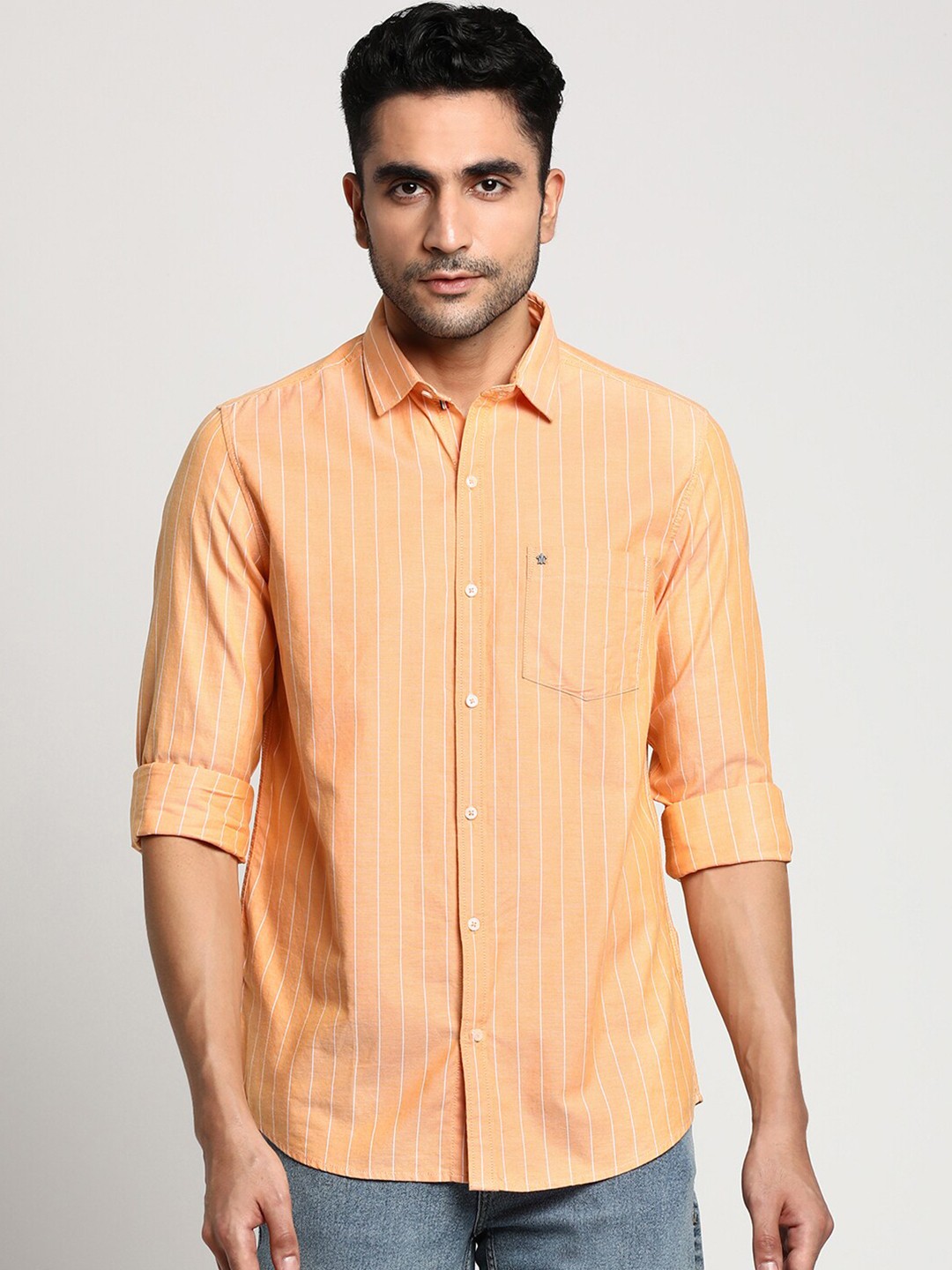

Turtle Men Orange Slim Fit Striped Pure Cotton Formal Shirt
