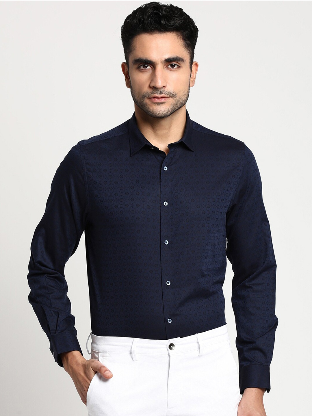 

Turtle Men Navy Blue Slim Fit Printed Formal Shirt