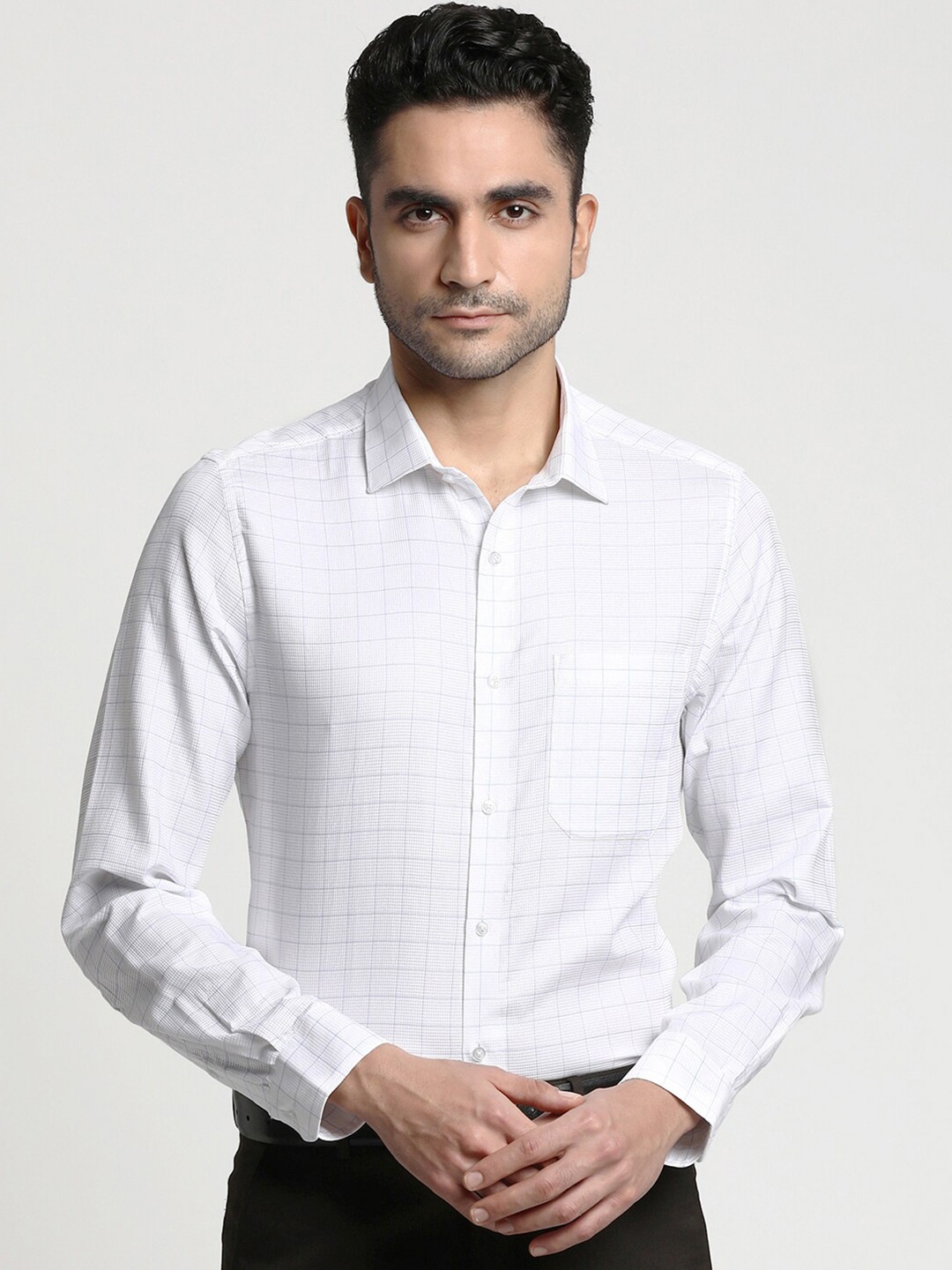 

Turtle Men White Slim Fit Grid Tattersall Checks Checked Formal Shirt