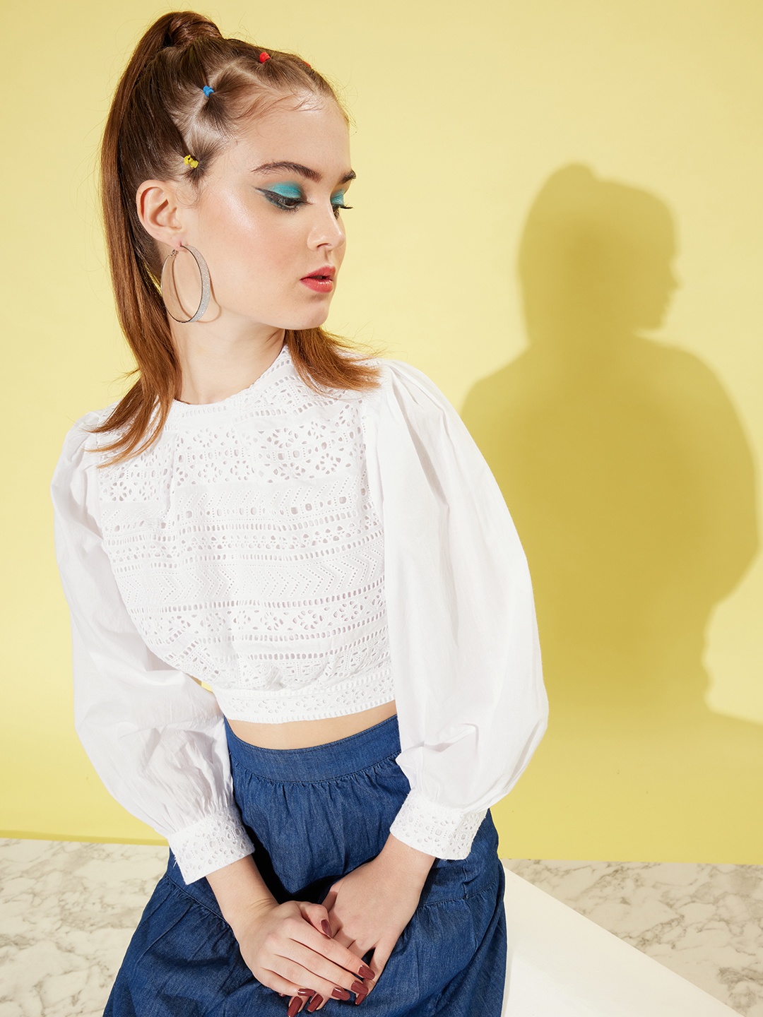 

KASSUALLY White Self-Design Craftcore Top