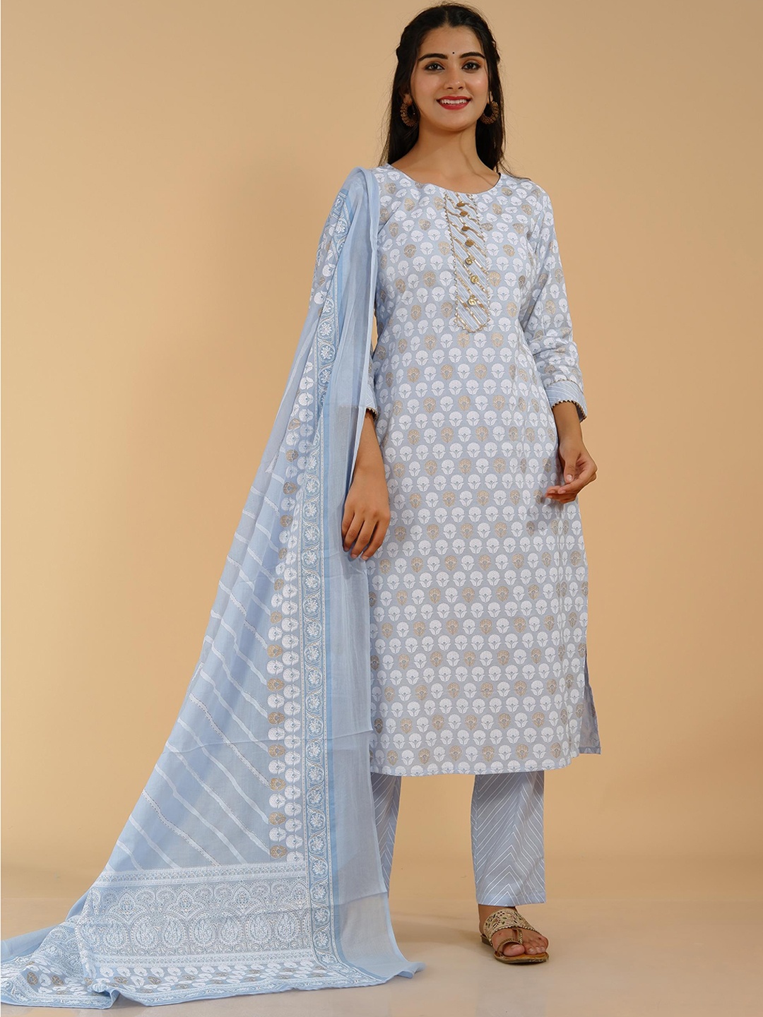 

Tetalee Women Grey Printed Panelled Gotta Patti Pure Cotton Kurta with Trousers & Dupatta