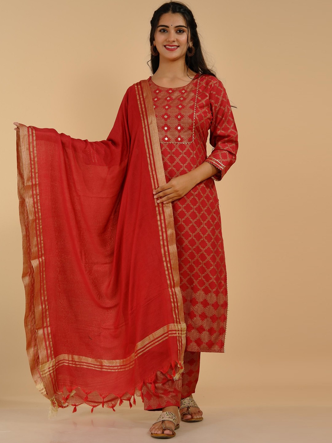 

Tetalee Women Red Printed Gotta Patti Pure Cotton Kurta with Trousers & With Dupatta