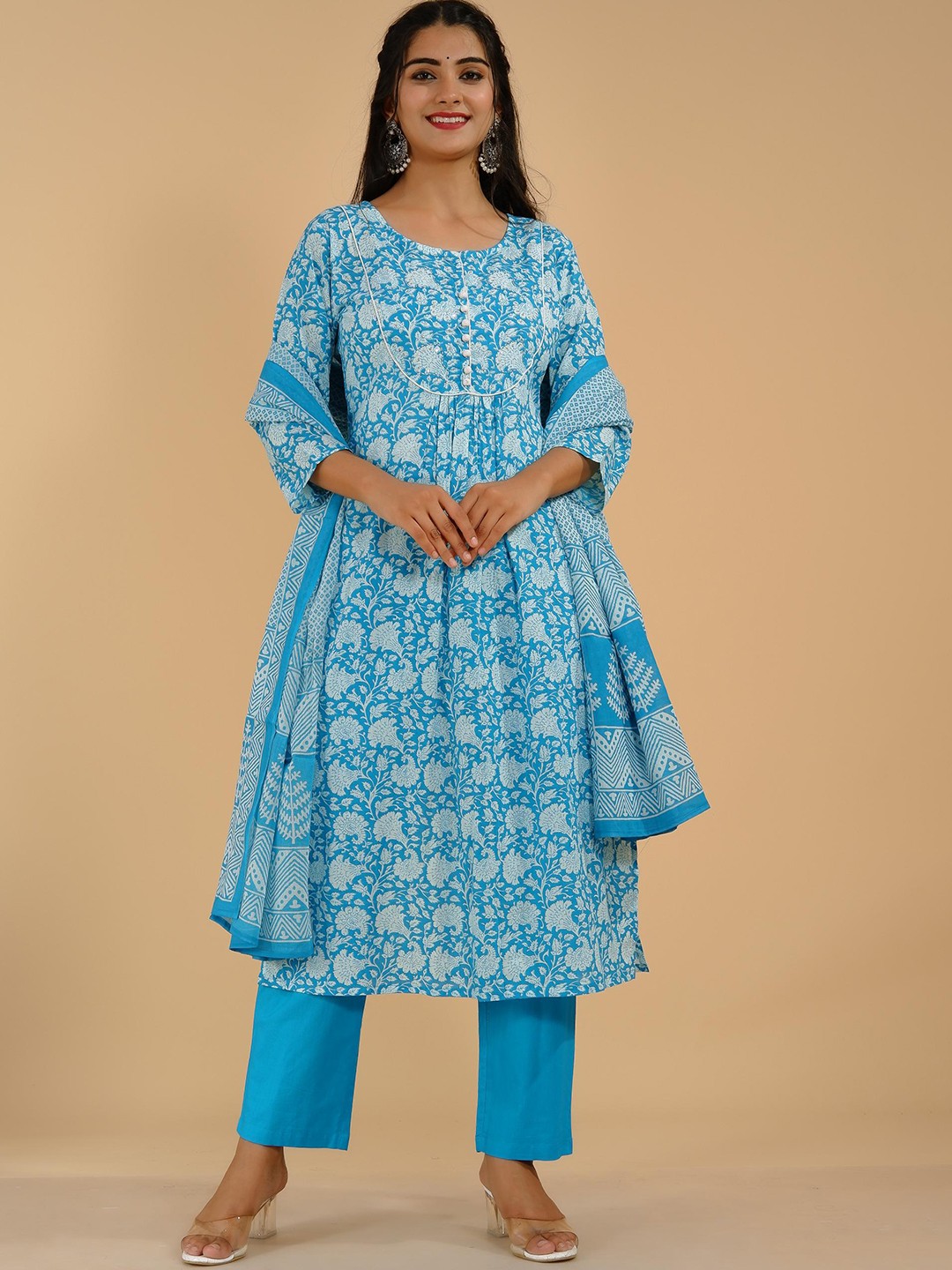 

Tetalee Women Turquoise Blue Yoke Design Pure Cotton Kurta with Palazzos & With Dupatta