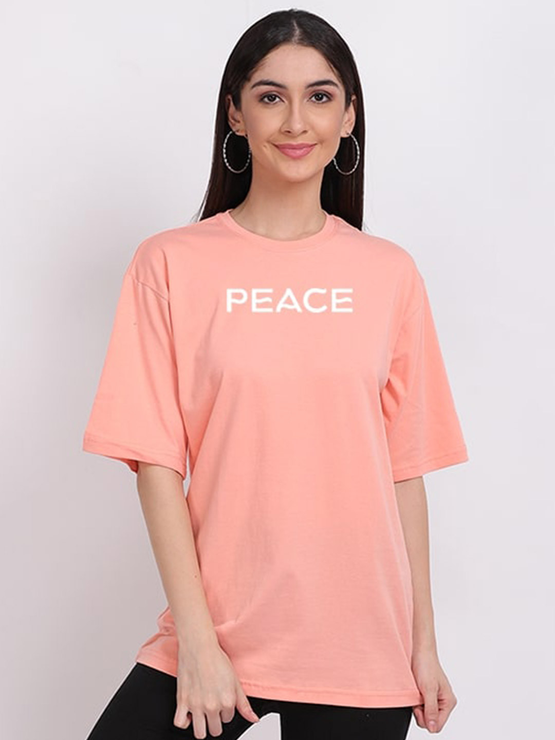 

Mad Over Print Peach Pink Peace Typography Print Oversized T-shirt