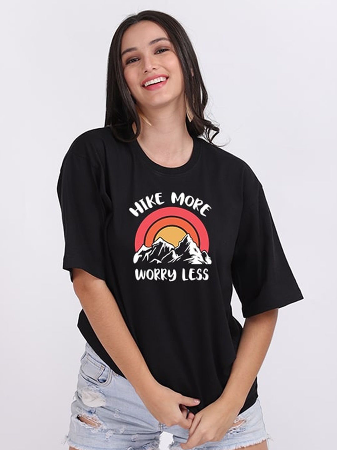 

Mad Over Print Women Black Hike More Typography Print Oversized T-shirt