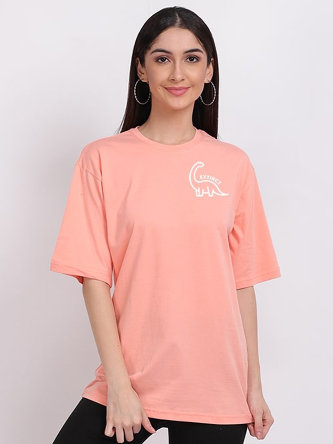 

Mad Over Print Women Peach Pink Extinct Animal Placement Print Oversized T-shirt