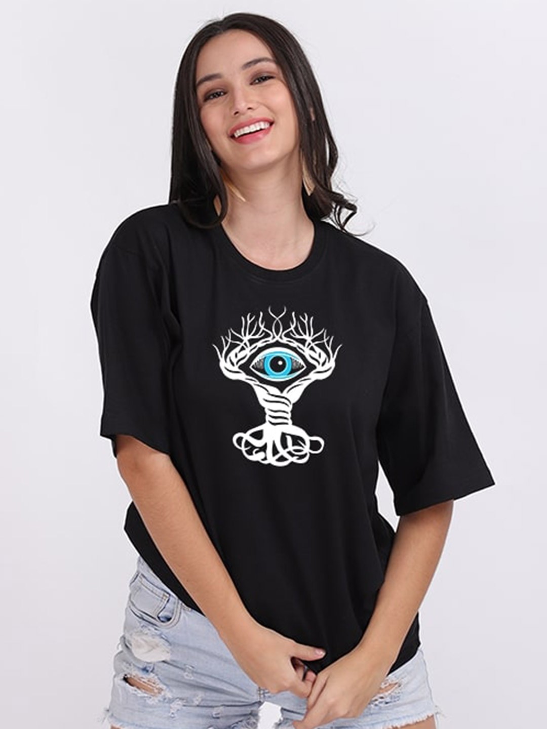 

Mad Over Print Women Black Evil Eye Tree Oversize T-shirt