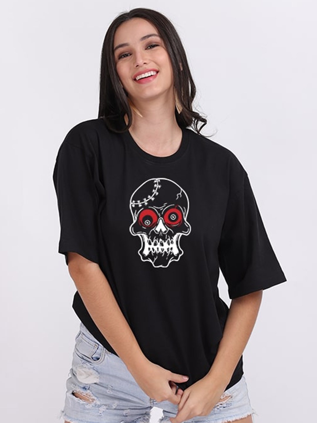 

Mad Over Print Women Black Printed Drop-Shoulder Sleeves Applique Loose T-shirt