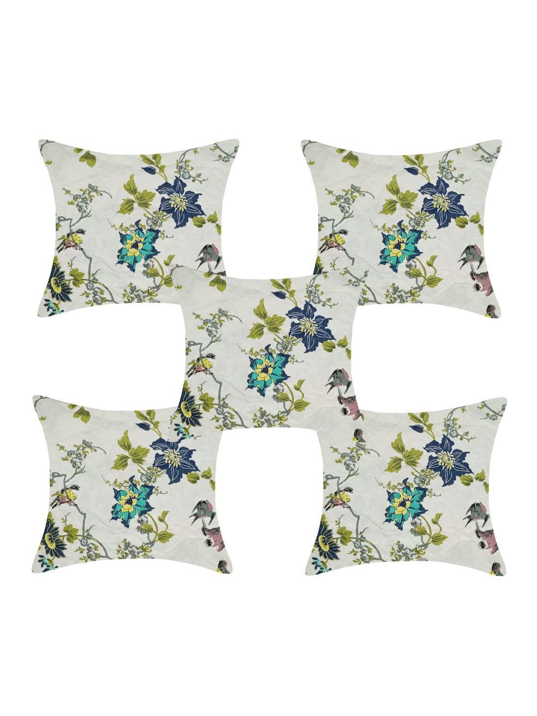 

INDHOME LIFE White & Blue Set of 5 Floral Square Cushion Covers