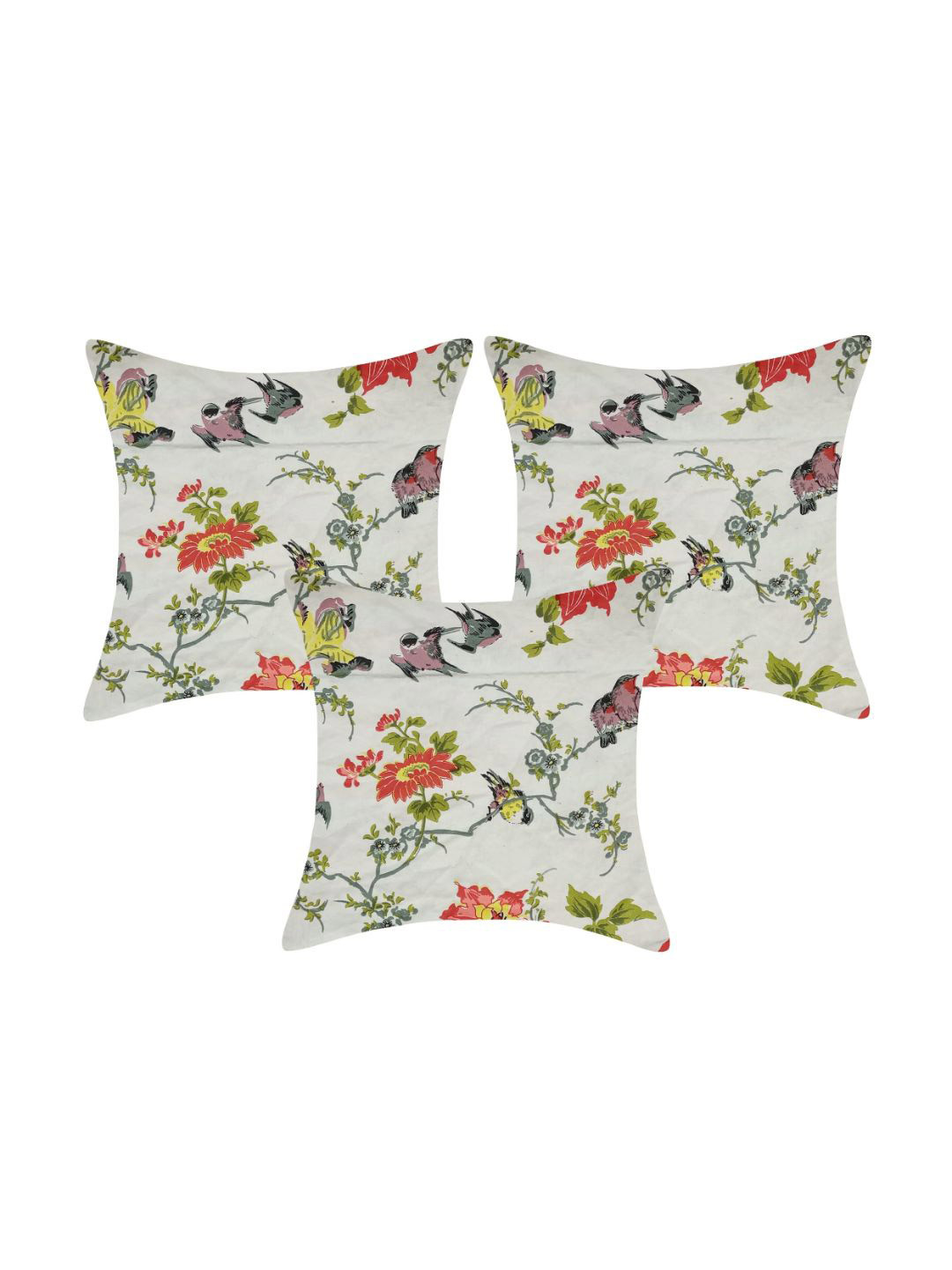 

INDHOME LIFE White & Pink Set of 3 Floral Square Cushion Covers