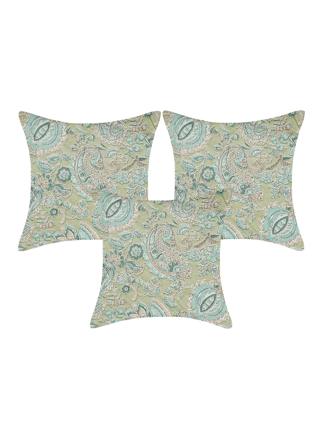 

INDHOME LIFE Green & White Set Of 3 Floral Square Cushion Covers