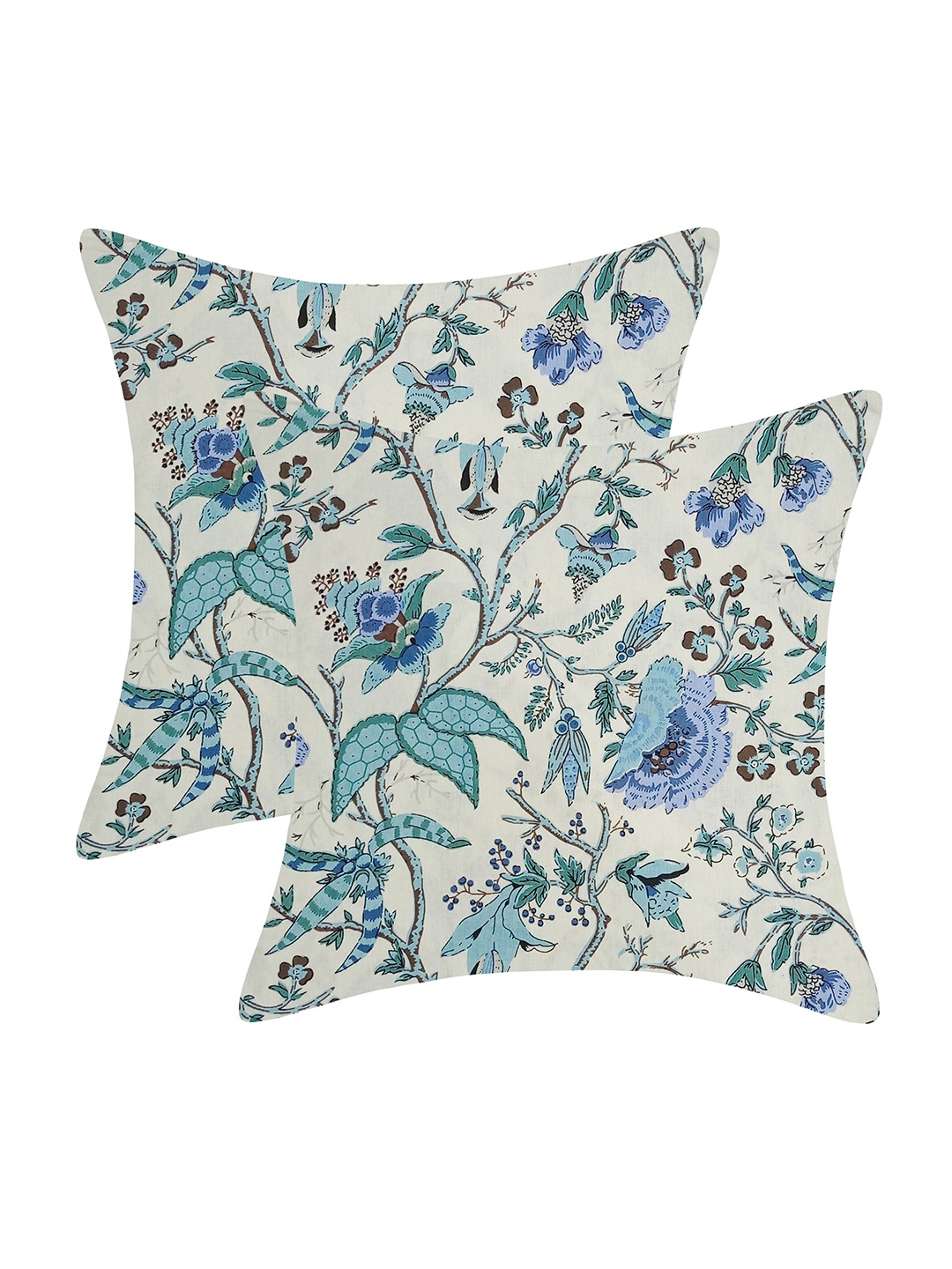 

INDHOME LIFE White & Blue Set of 2 Cotton Reversible Floral Square Cushion Covers
