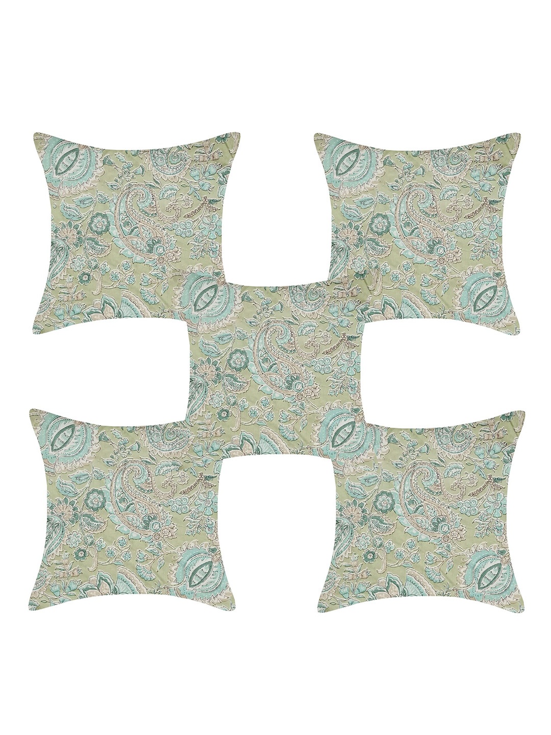 

INDHOME LIFE Green & Blue Set of 5 Floral Square Cushion Covers