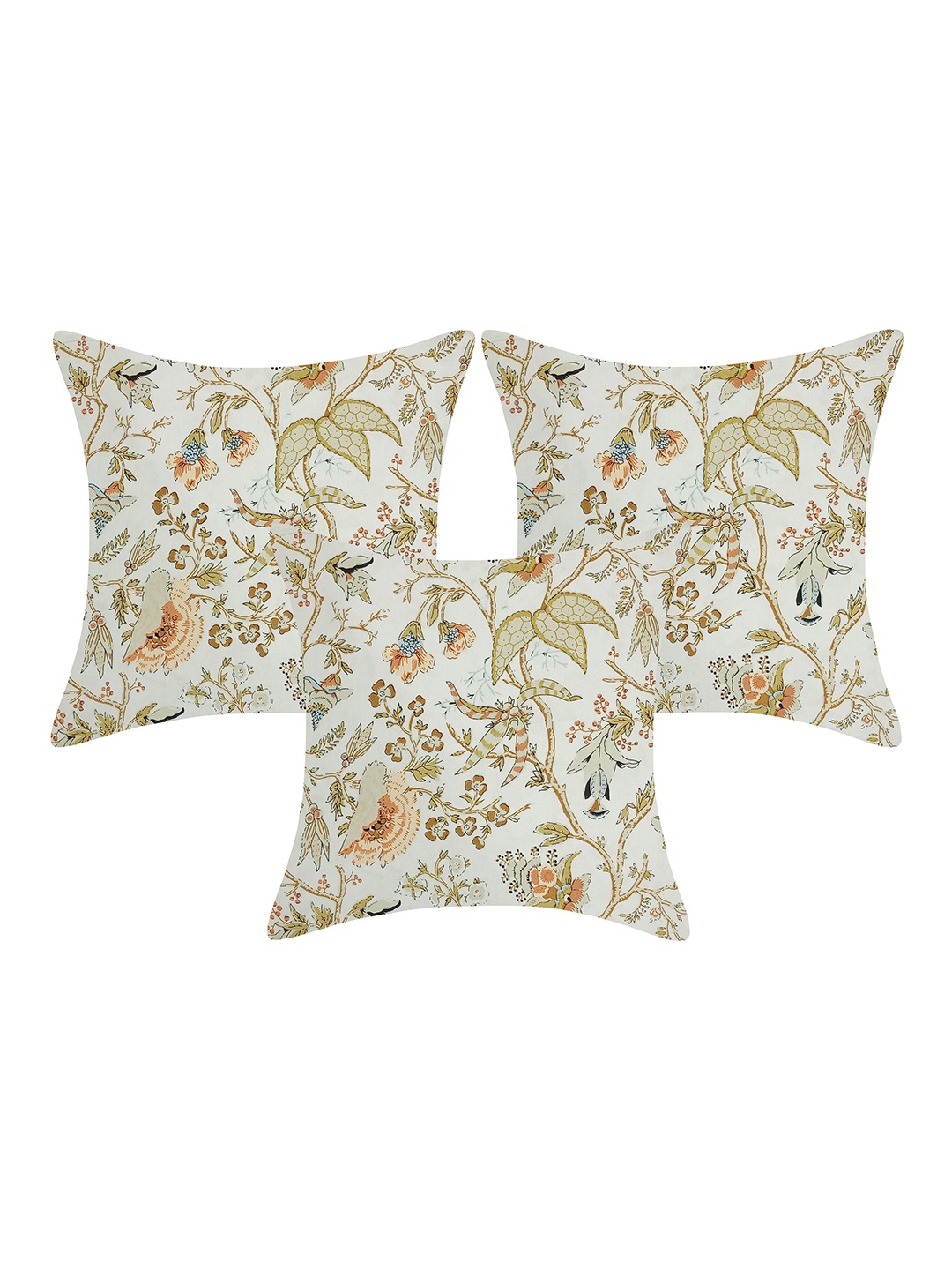 

INDHOME LIFE White & Green Set of 3 Floral Square Pure Cotton Cushion Covers